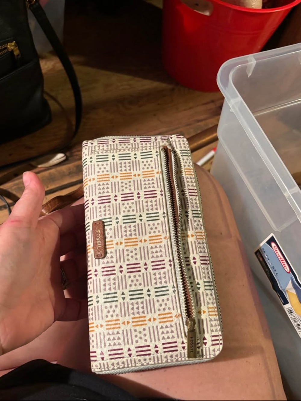 Fossil Cream Zip Wallet with Green, Mustard & Burgundy Pattern